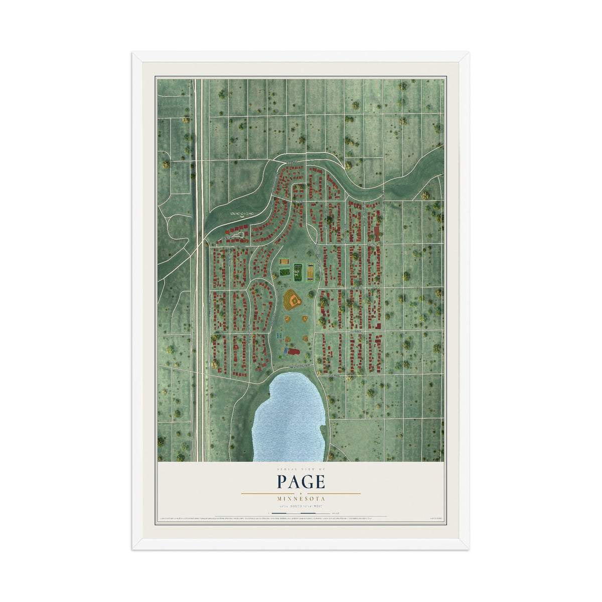 Map of Page, Minnesota, 12 x 18 inch print in a white wood frame
