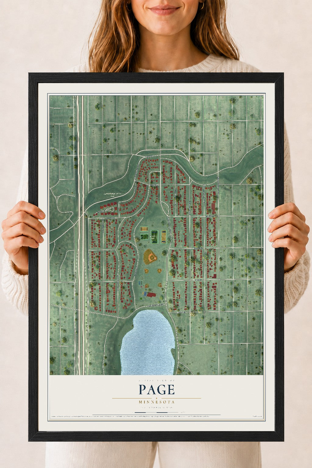Map of Page, Minnesota, 18 x 24 inch print in a black wood frame