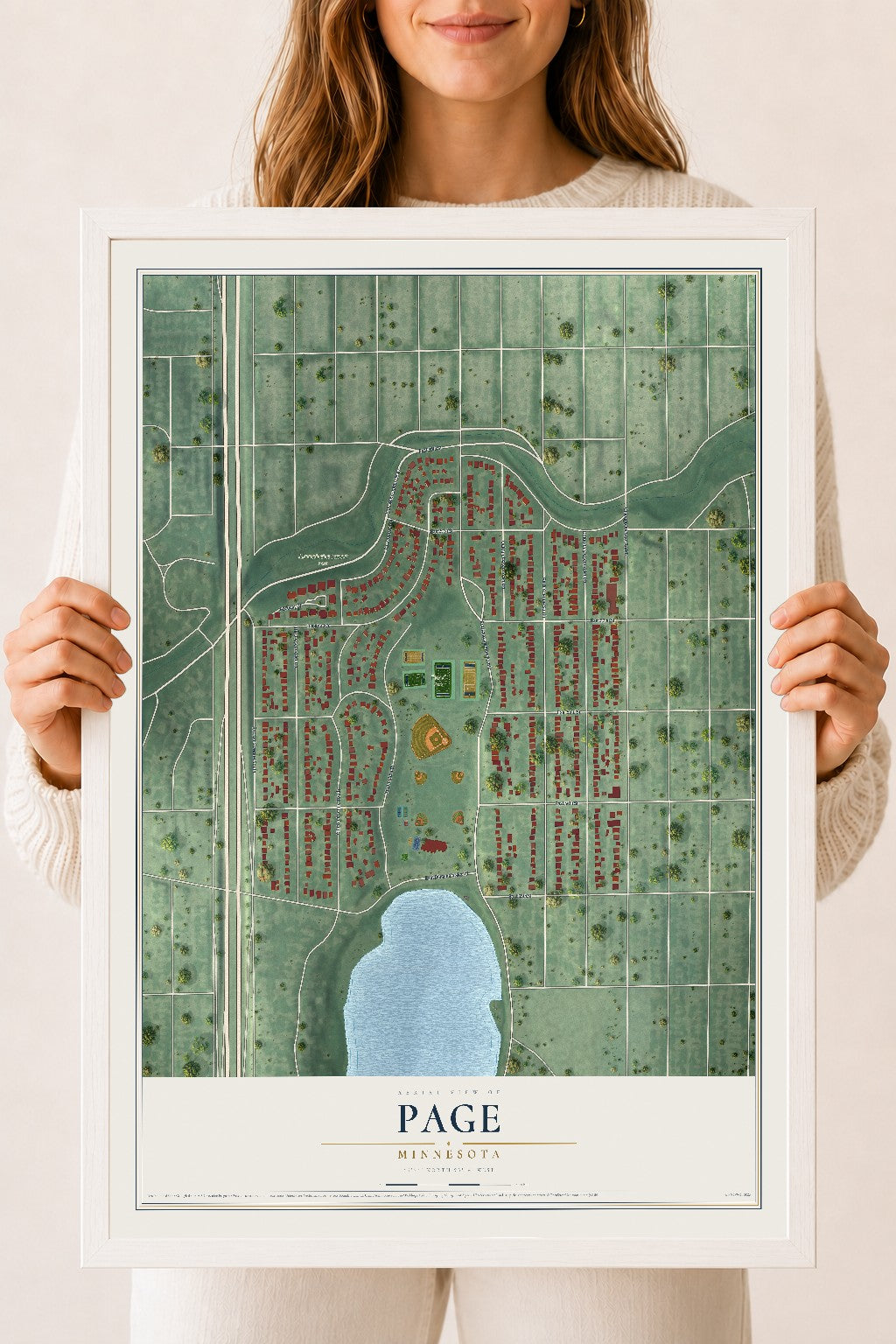 Map of Page, Minnesota, 18 x 24 inch print in a white wood frame