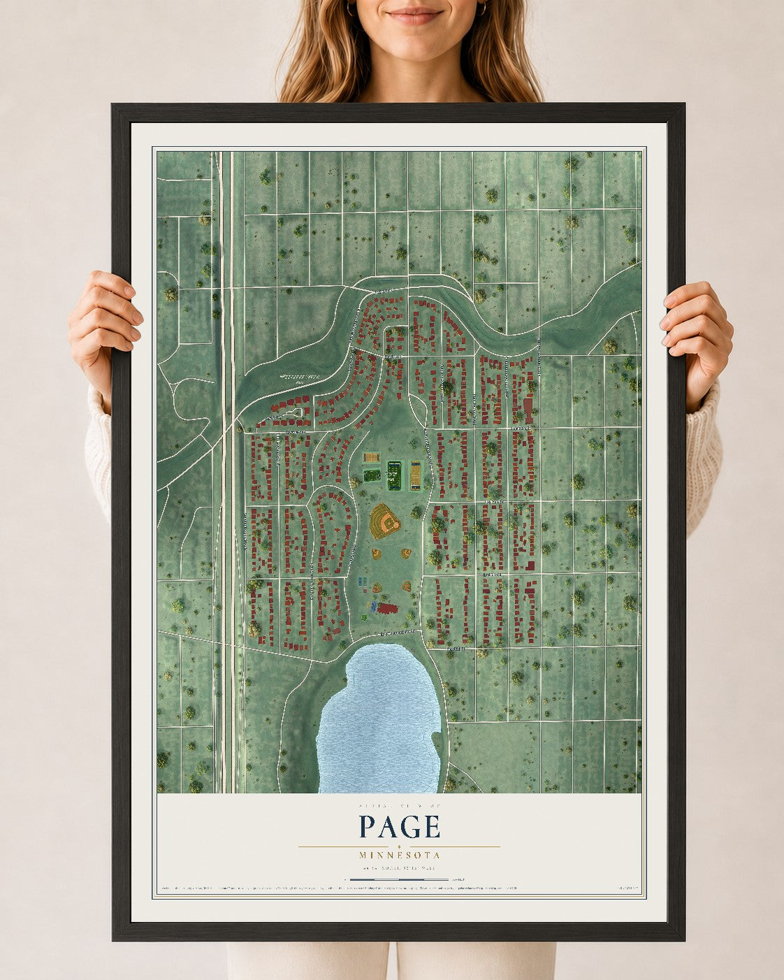 Map of Page, Minnesota, 24 x 36 inch print in a black wood frame