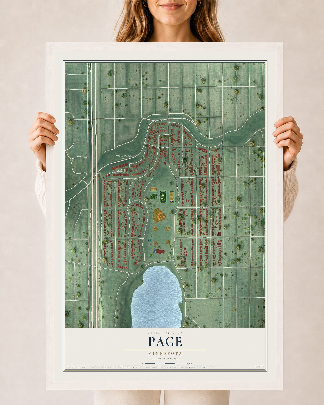 Map of Page, Minnesota, 24 x 36 inch print in a white wood frame