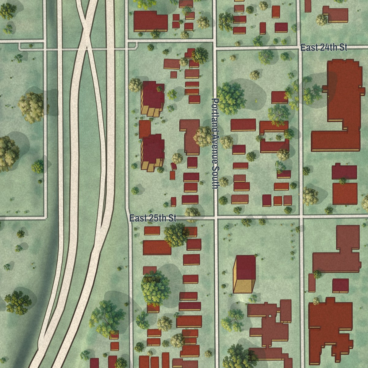 Close-up of the map of Phillips West, Minnesota print showing street and building detail