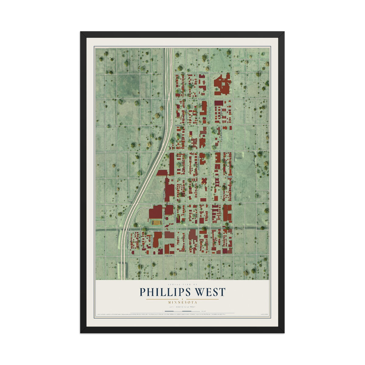 Map of Phillips West, Minnesota, 12 x 18 inch print in a black wood frame