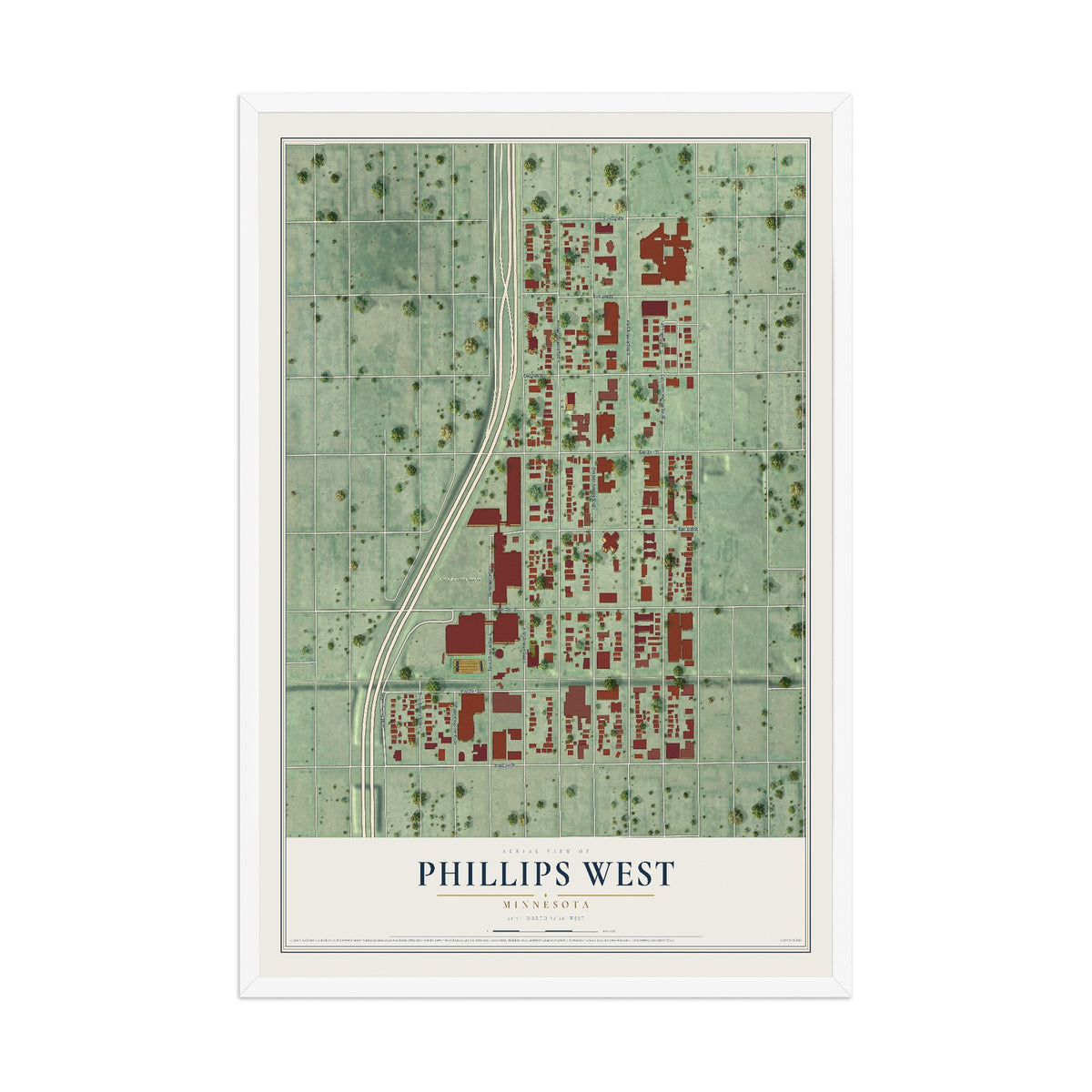 Map of Phillips West, Minnesota, 12 x 18 inch print in a white wood frame