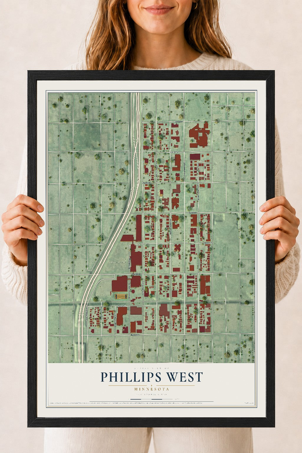 Map of Phillips West, Minnesota, 18 x 24 inch print in a black wood frame