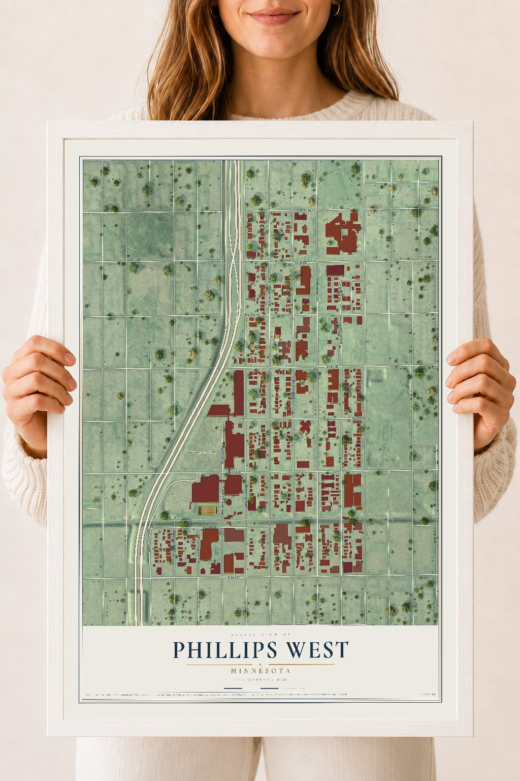 Map of Phillips West, Minnesota, 18 x 24 inch print in a white wood frame