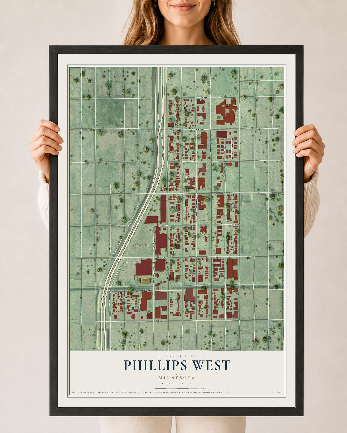 Map of Phillips West, Minnesota, 24 x 36 inch print in a black wood frame
