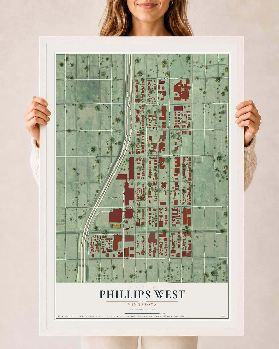 Map of Phillips West, Minnesota, 24 x 36 inch print in a white wood frame
