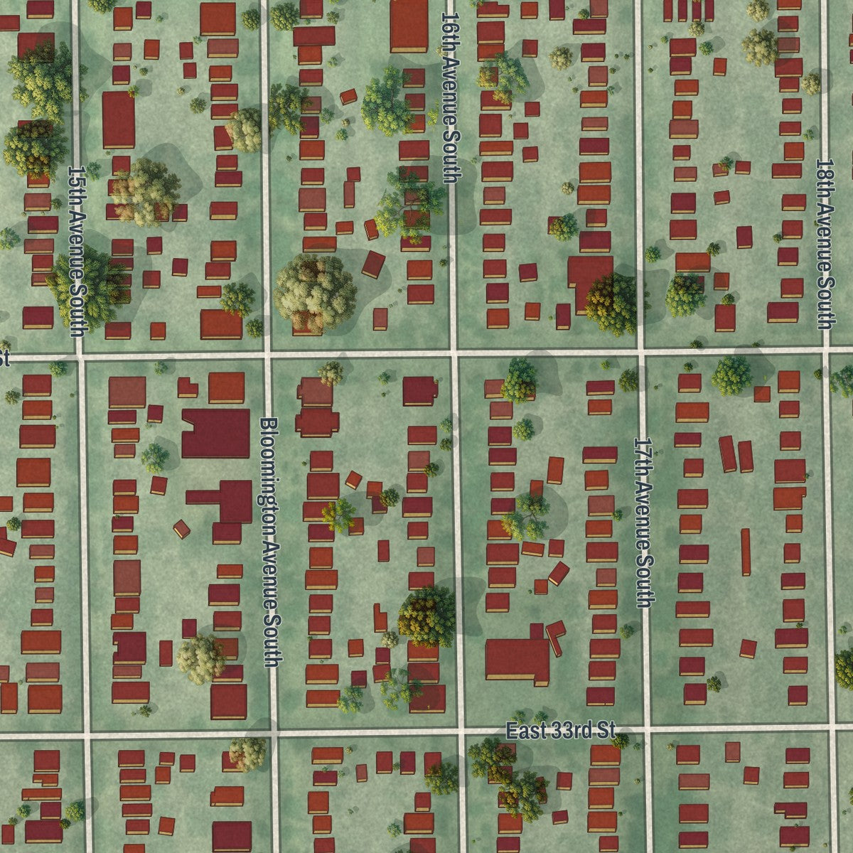 Close-up of the map of Powderhorn Park, Minnesota print showing street and building detail