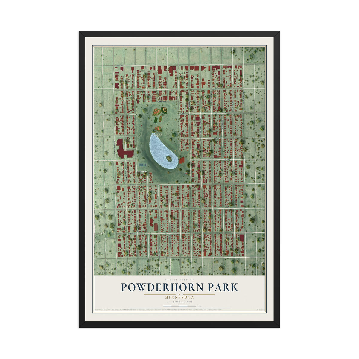 Map of Powderhorn Park, Minnesota, 12 x 18 inch print in a black wood frame