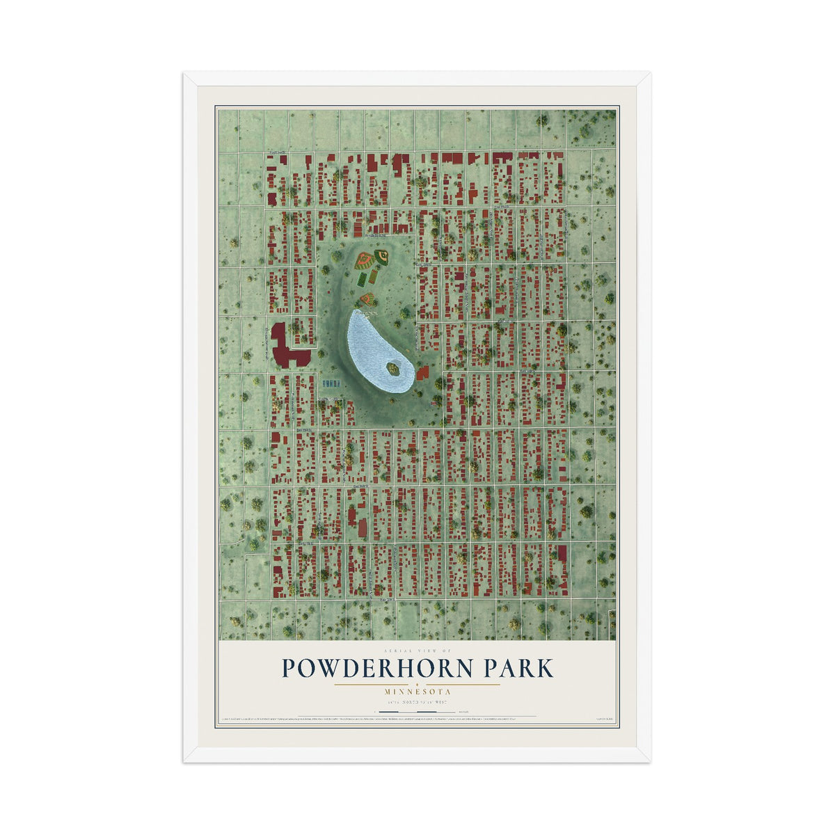 Map of Powderhorn Park, Minnesota, 12 x 18 inch print in a white wood frame