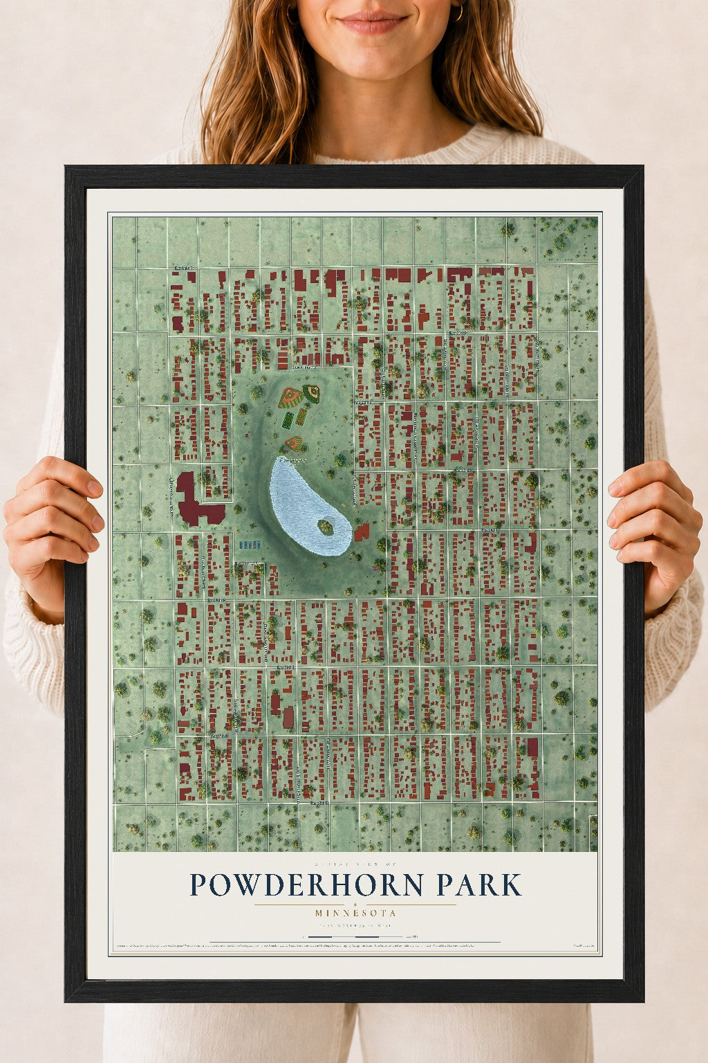 Map of Powderhorn Park, Minnesota, 18 x 24 inch print in a black wood frame