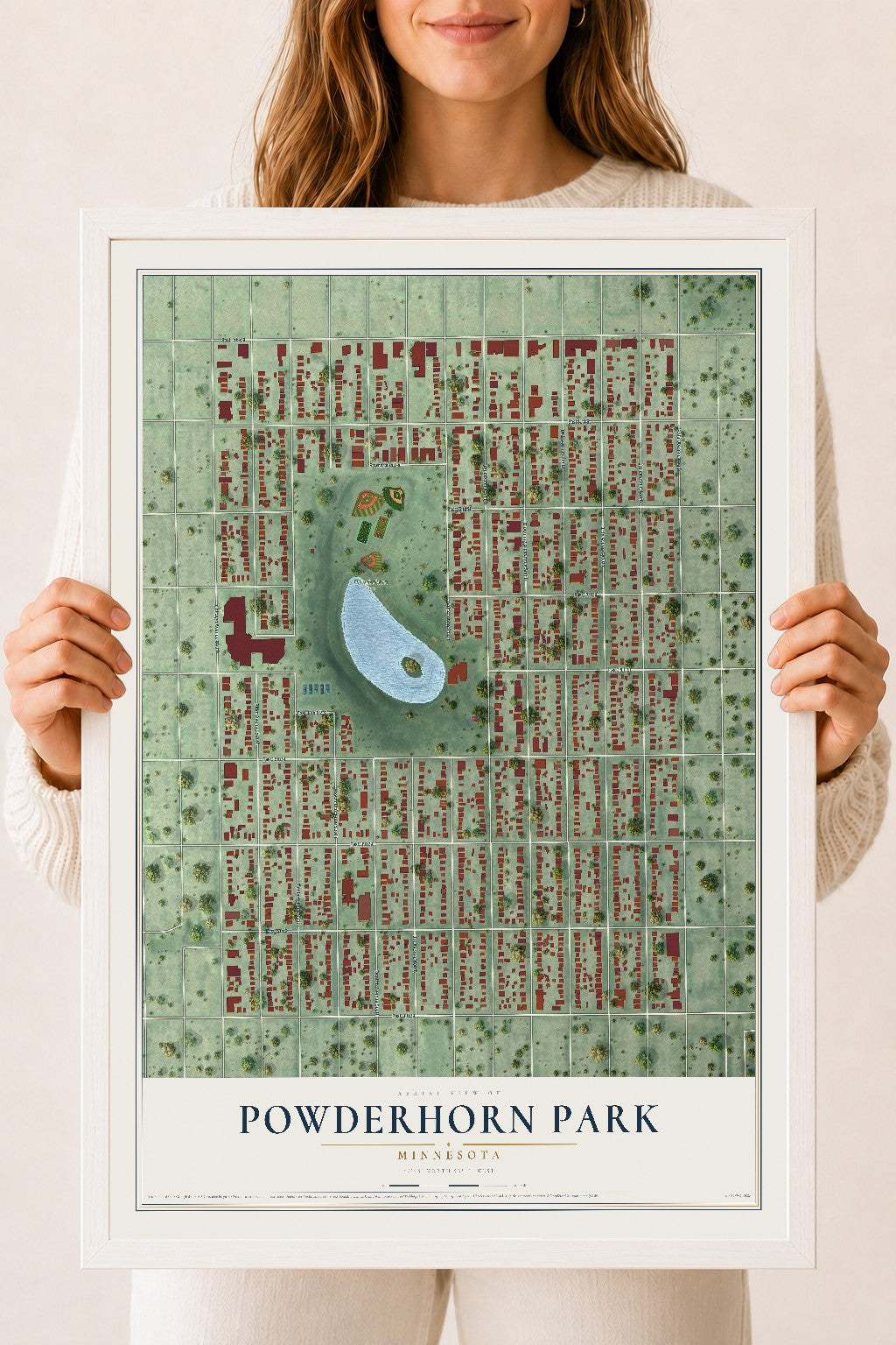 Map of Powderhorn Park, Minnesota, 18 x 24 inch print in a white wood frame