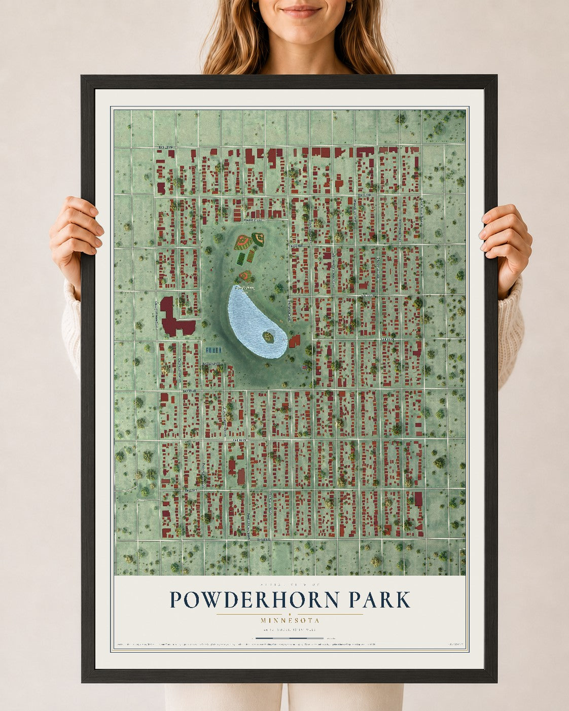 Map of Powderhorn Park, Minnesota, 24 x 36 inch print in a black wood frame