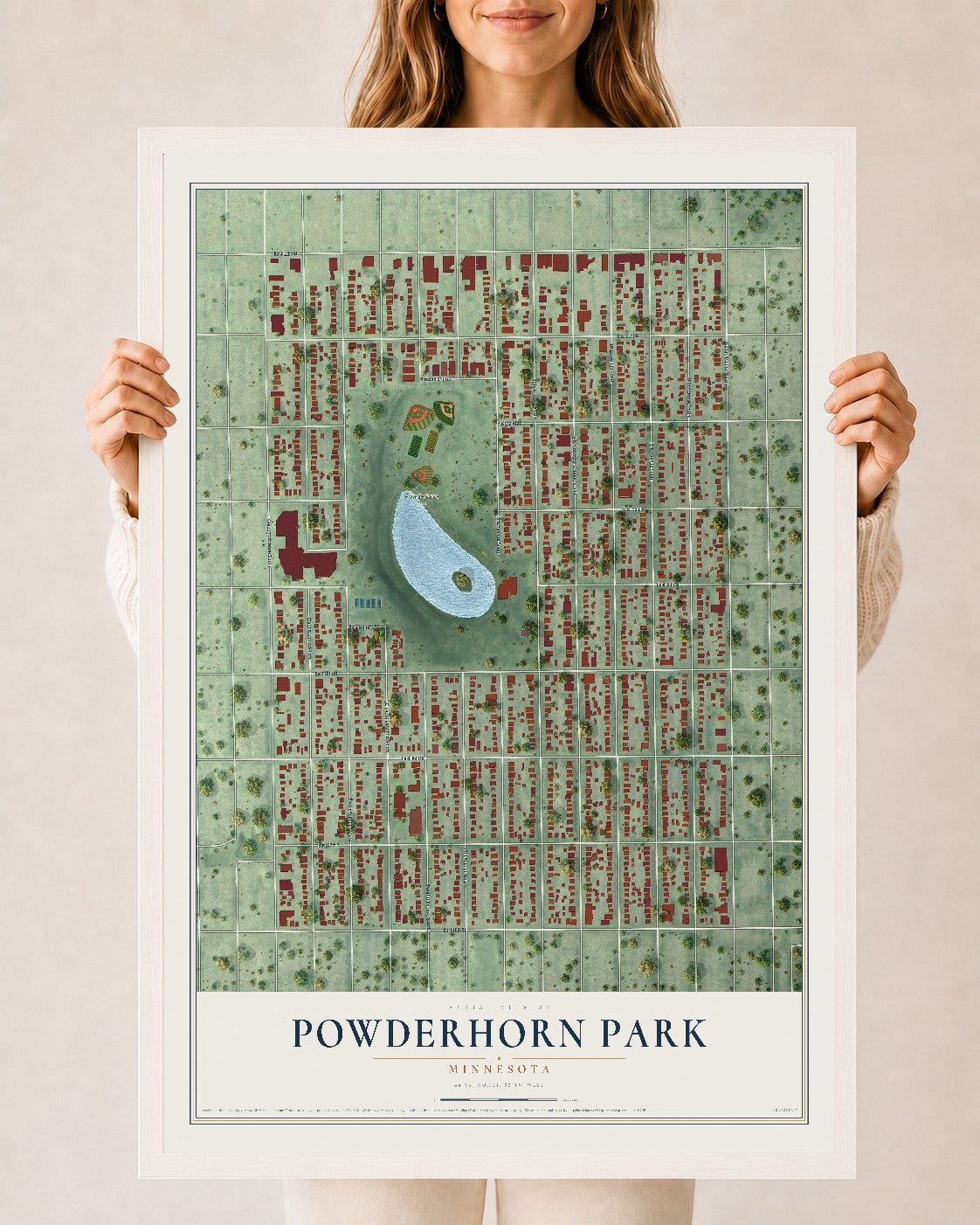 Map of Powderhorn Park, Minnesota, 24 x 36 inch print in a white wood frame