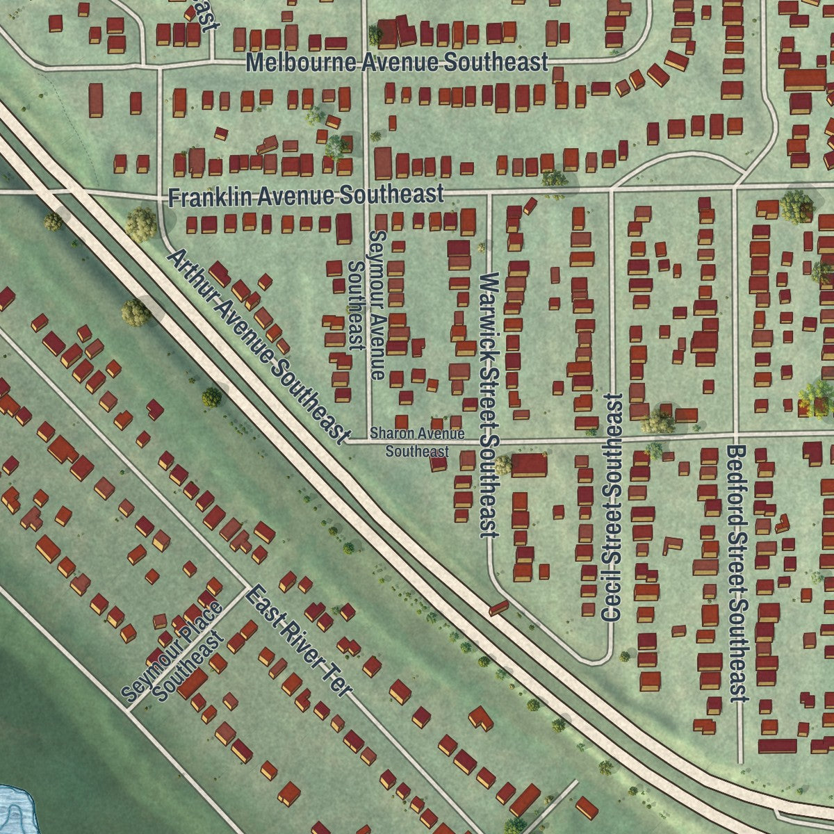 Close-up of the map of Prospect Park - East River Road, Minnesota print showing street and building detail
