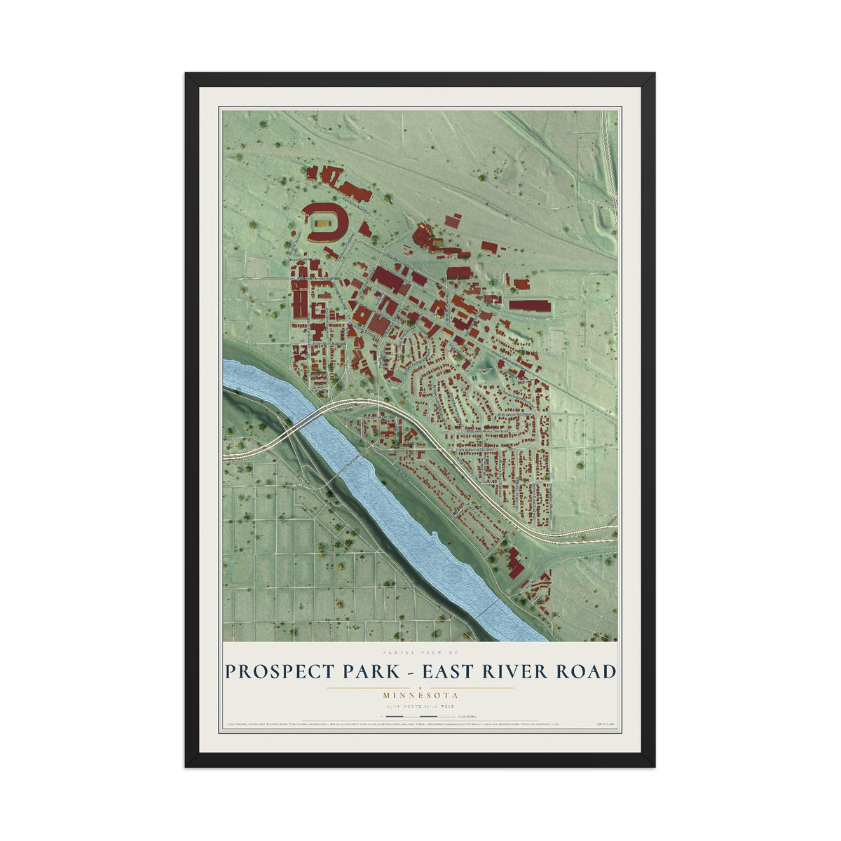 Map of Prospect Park - East River Road, Minnesota, 12 x 18 inch print in a black wood frame