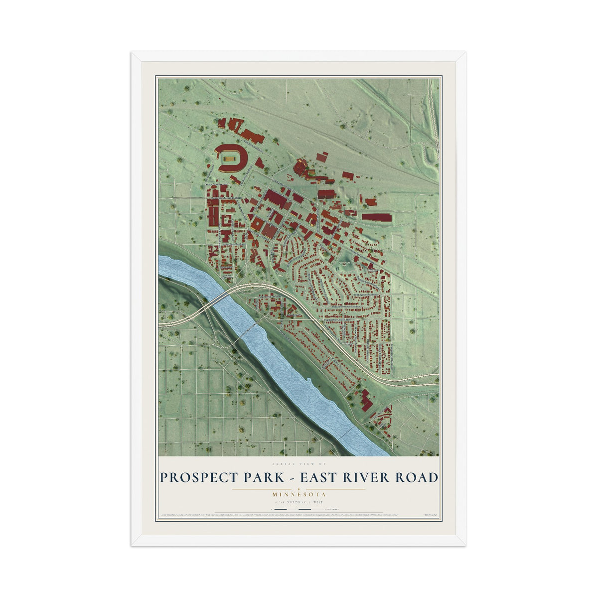 Map of Prospect Park - East River Road, Minnesota, 12 x 18 inch print in a white wood frame