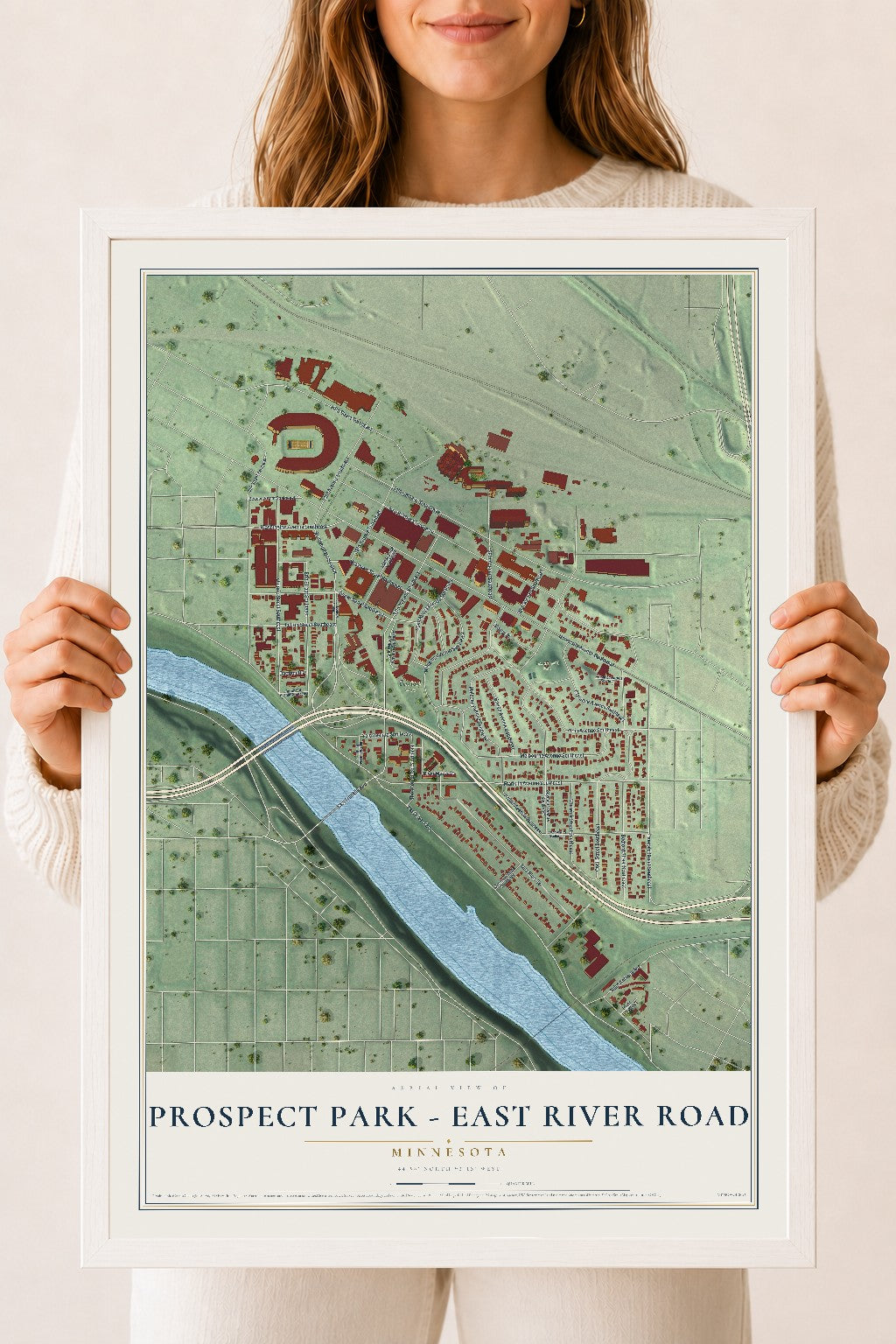 Map of Prospect Park - East River Road, Minnesota, 18 x 24 inch print in a white wood frame