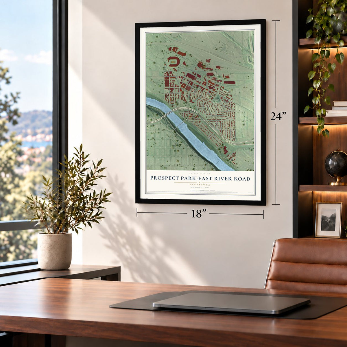 Prospect Park-East River Road, Minnesota map, 18 x 24 inch print in a black frame in a home office