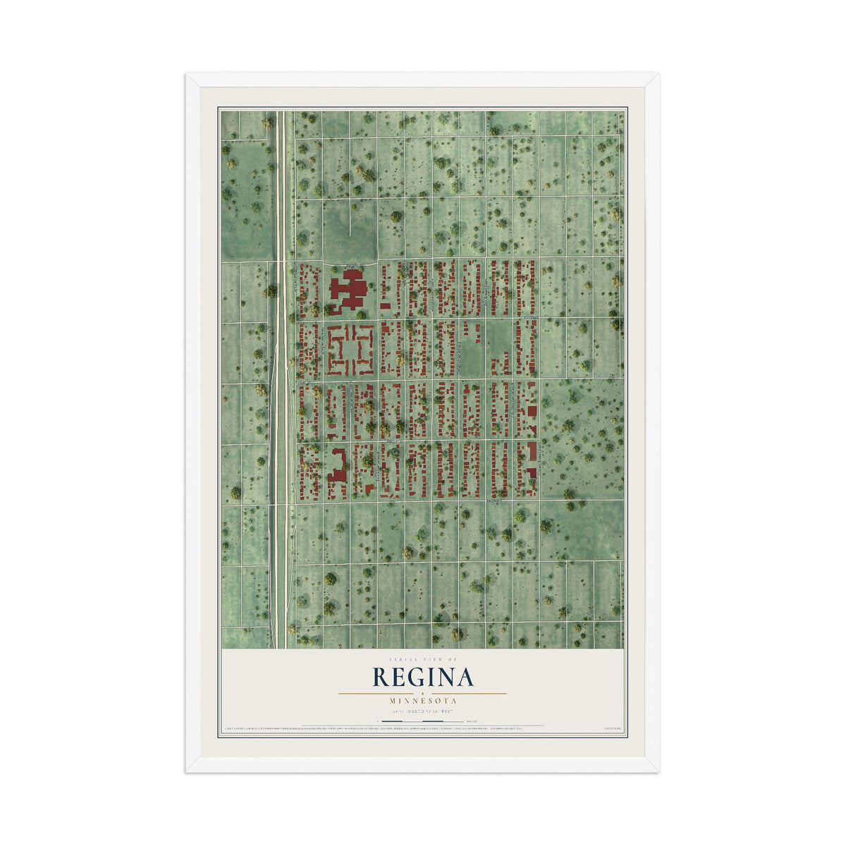 Map of Regina, Minnesota, 12 x 18 inch print in a white wood frame