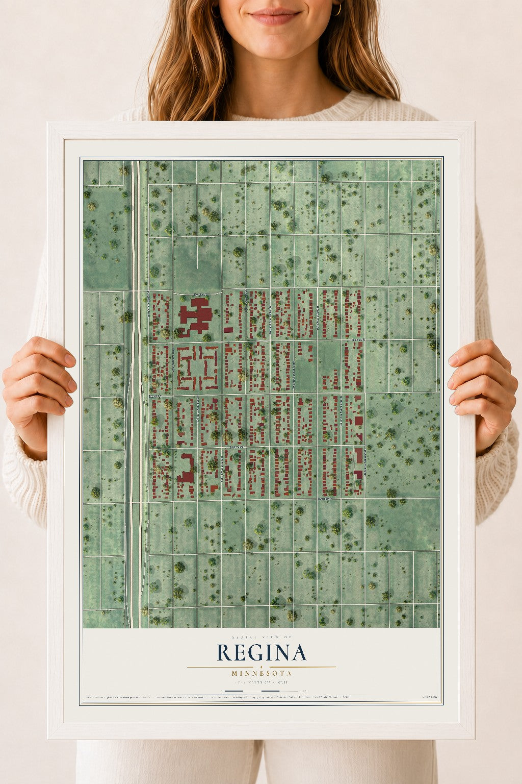 Map of Regina, Minnesota, 18 x 24 inch print in a white wood frame