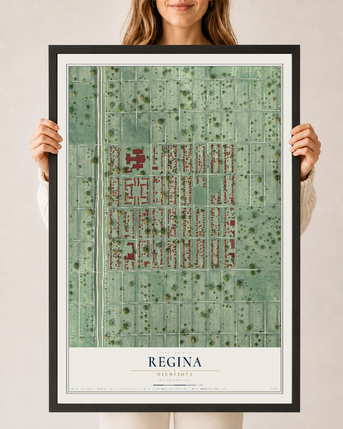 Map of Regina, Minnesota, 24 x 36 inch print in a black wood frame
