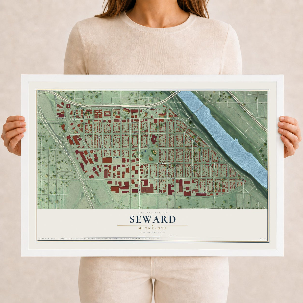 Map of Seward, Minnesota, 12 x 18 inch print in a white wood frame