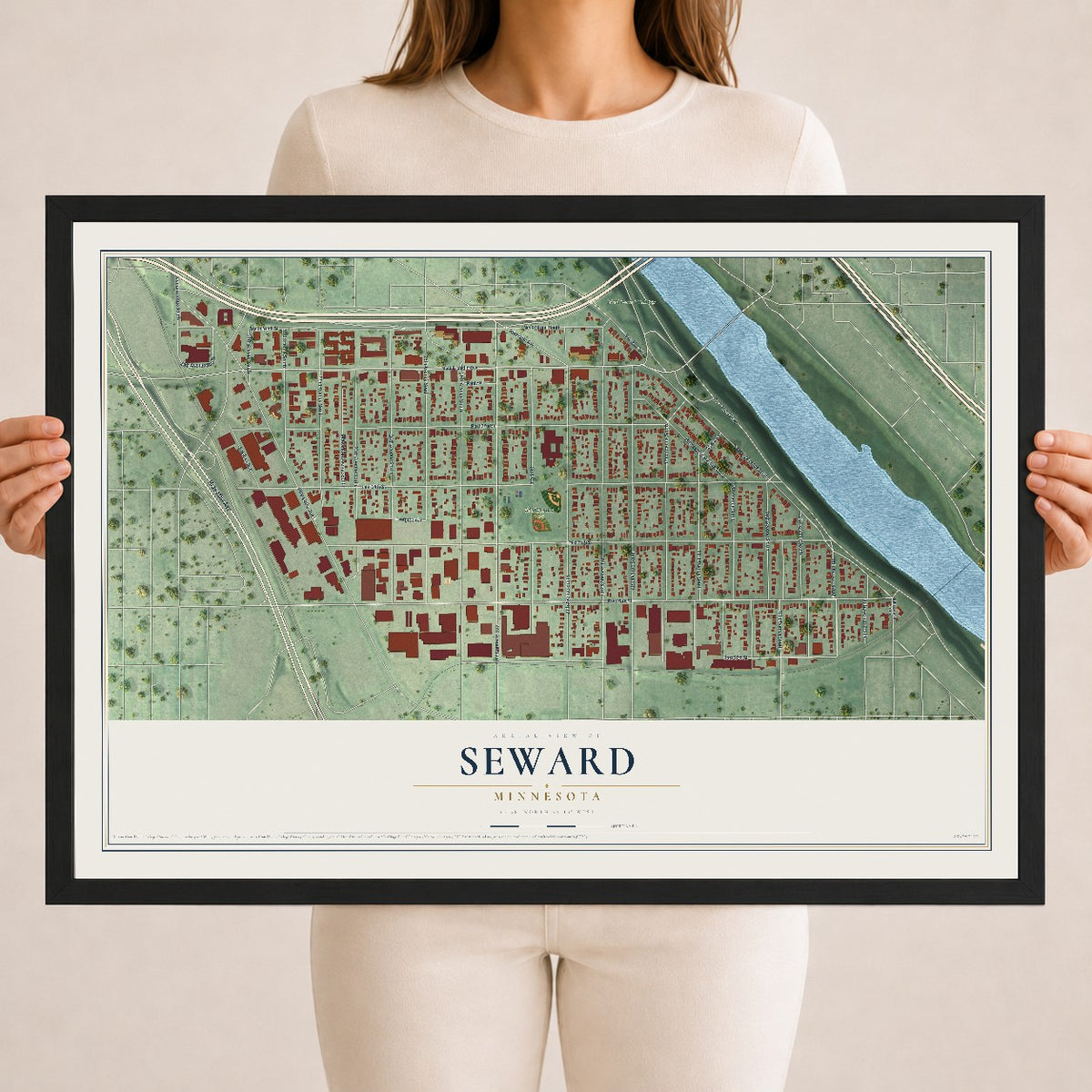Map of Seward, Minnesota, 18 x 24 inch print in a black wood frame