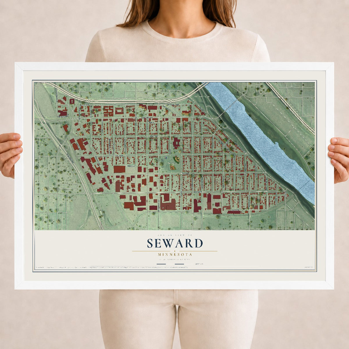 Map of Seward, Minnesota, 18 x 24 inch print in a white wood frame