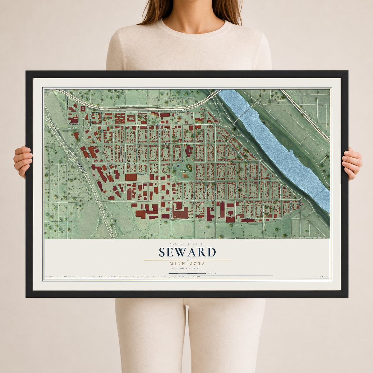 Map of Seward, Minnesota, 24 x 36 inch print in a black wood frame