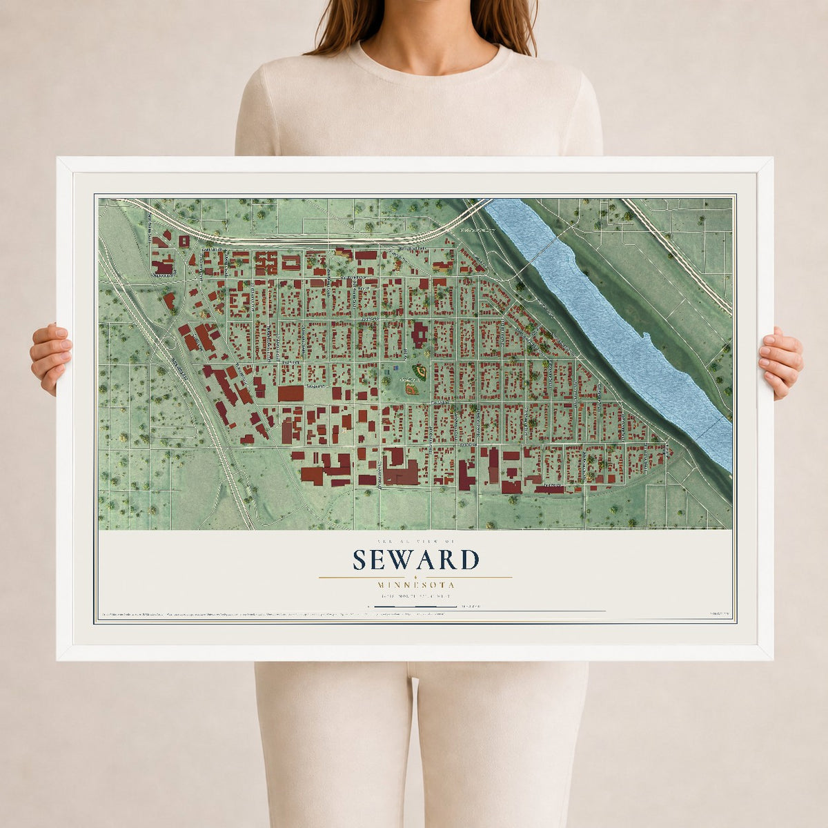 Map of Seward, Minnesota, 24 x 36 inch print in a white wood frame