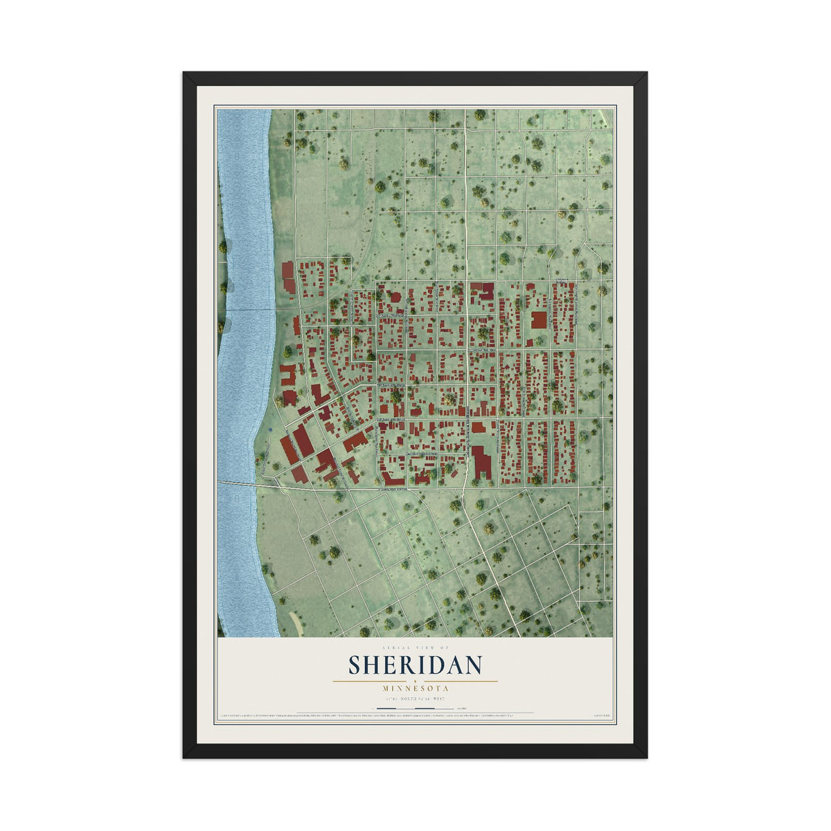 Map of Sheridan, Minnesota, 12 x 18 inch print in a black wood frame