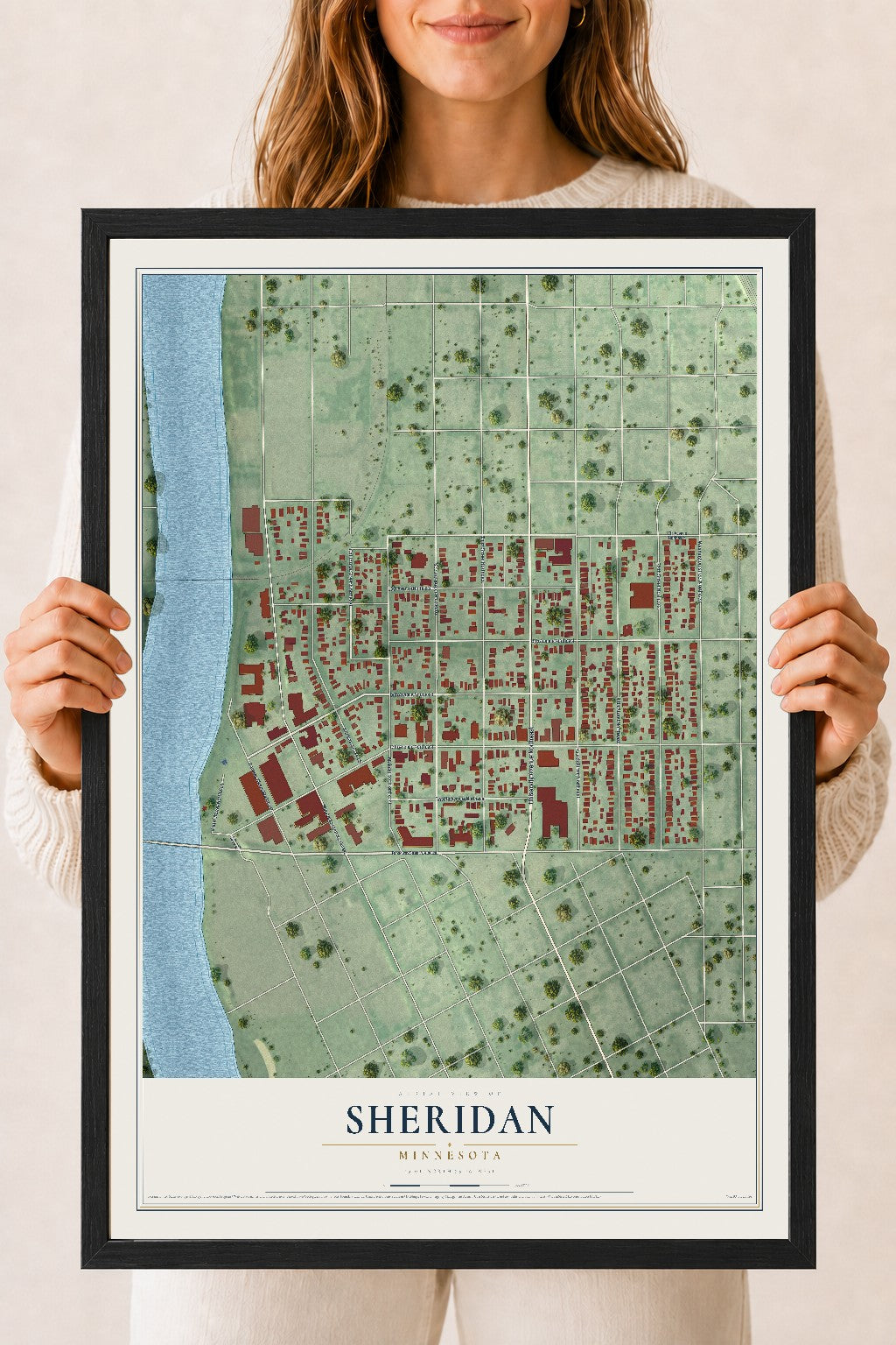 Map of Sheridan, Minnesota, 18 x 24 inch print in a black wood frame