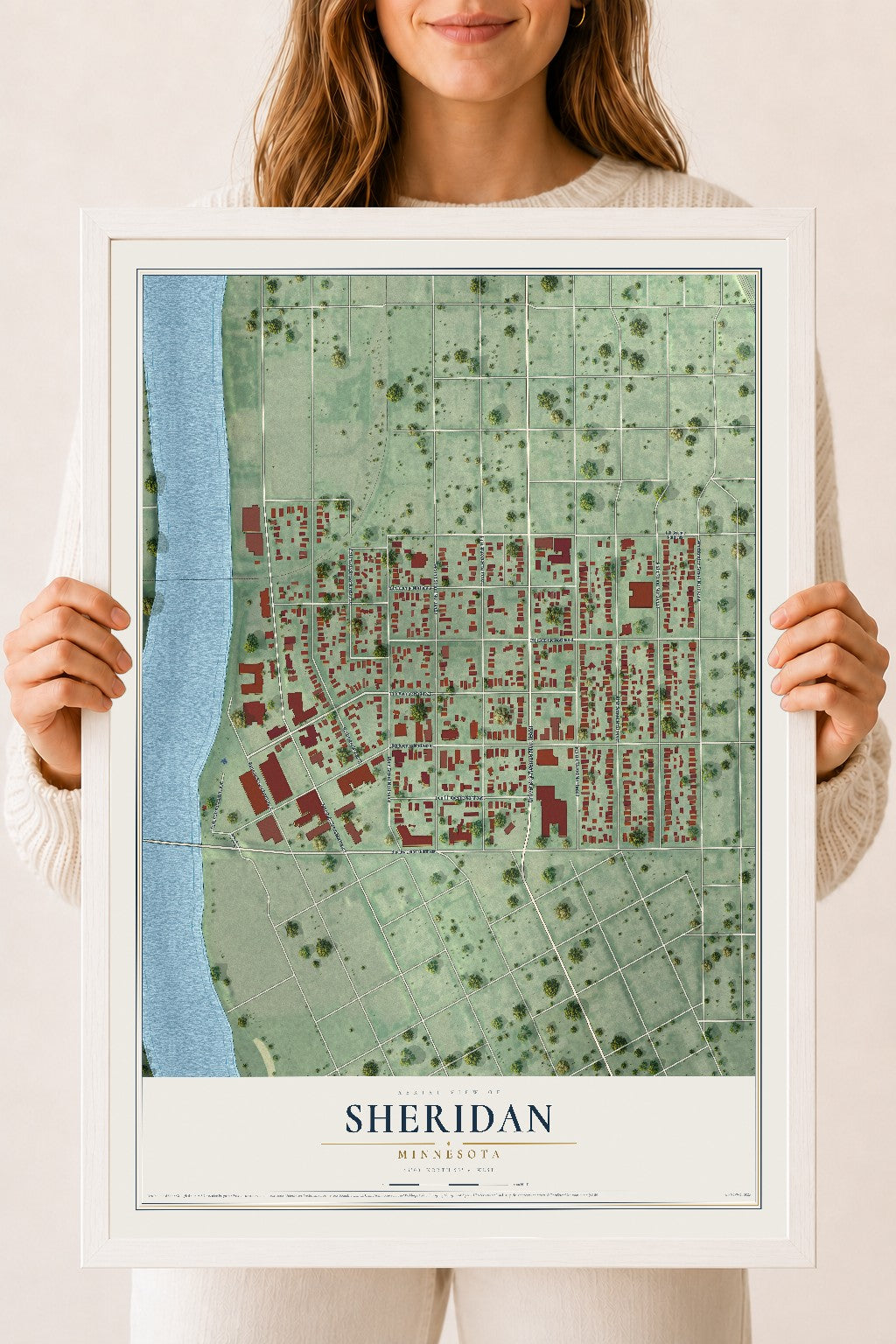 Map of Sheridan, Minnesota, 18 x 24 inch print in a white wood frame