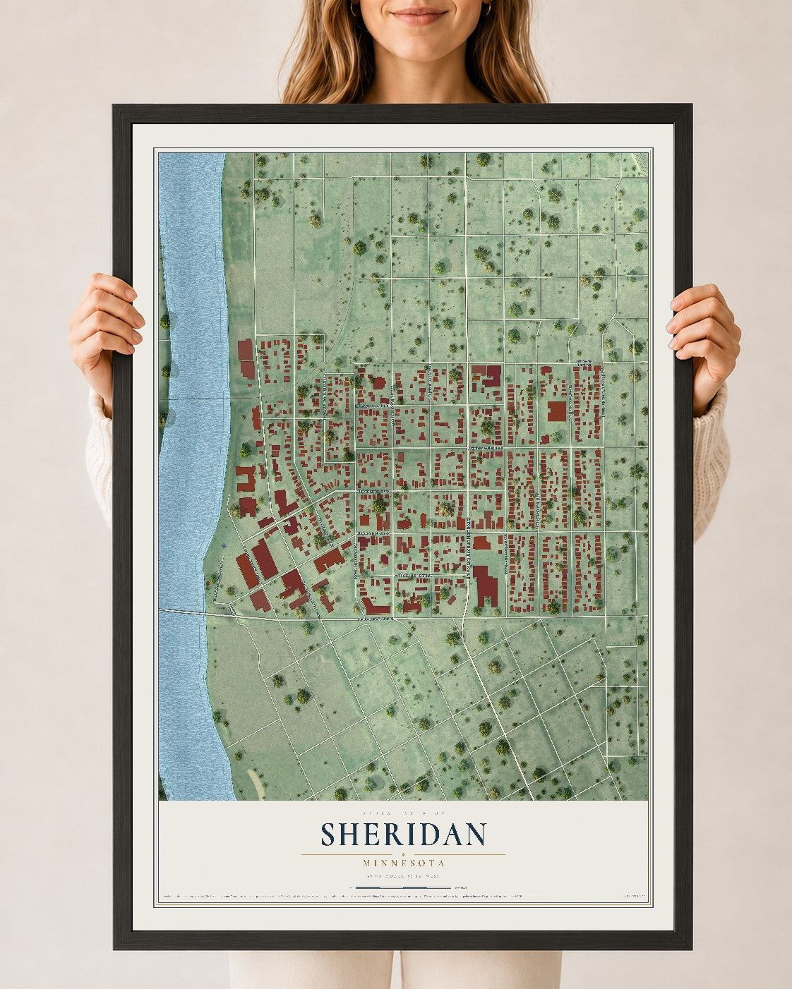 Map of Sheridan, Minnesota, 24 x 36 inch print in a black wood frame