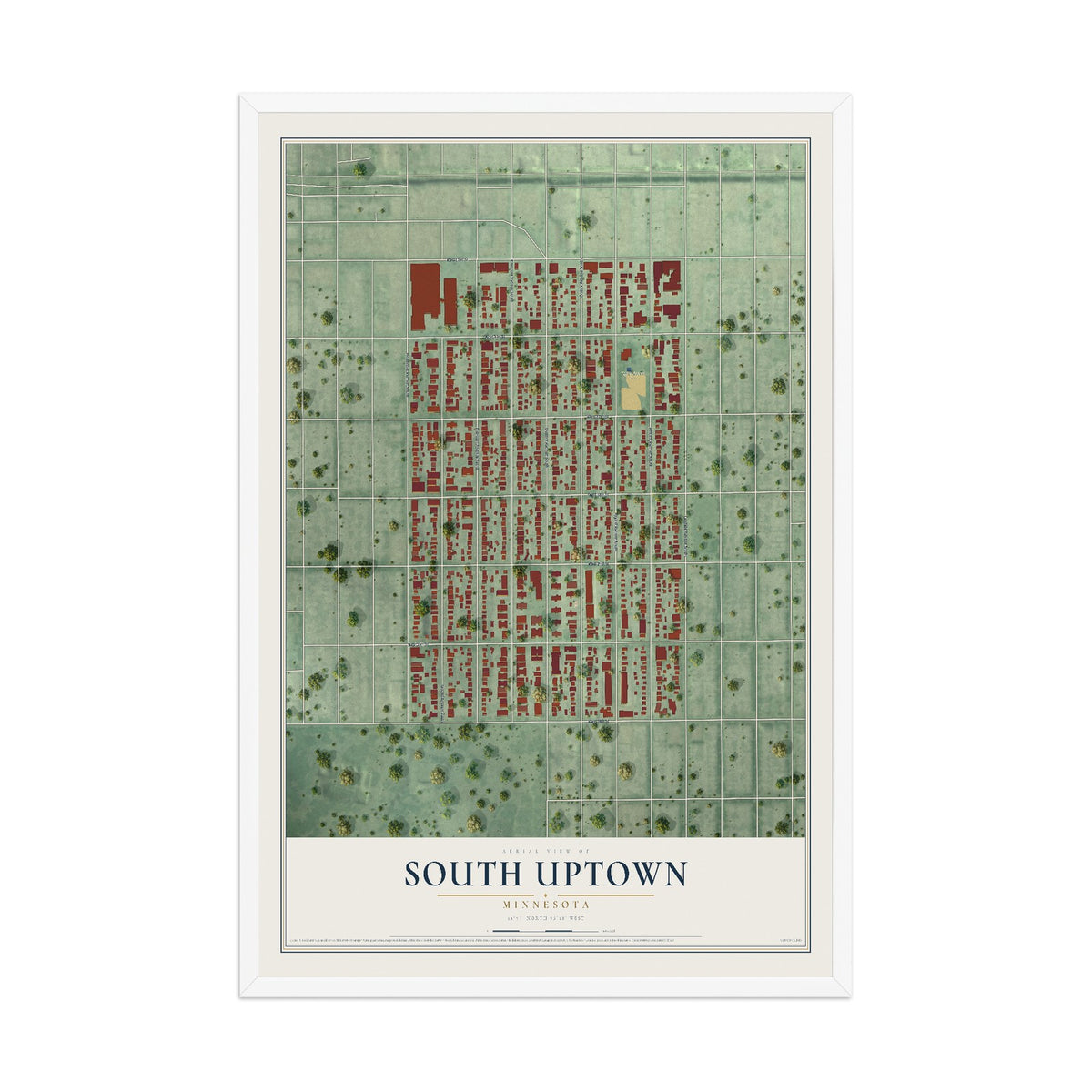 Map of South Uptown, Minnesota, 12 x 18 inch print in a white wood frame