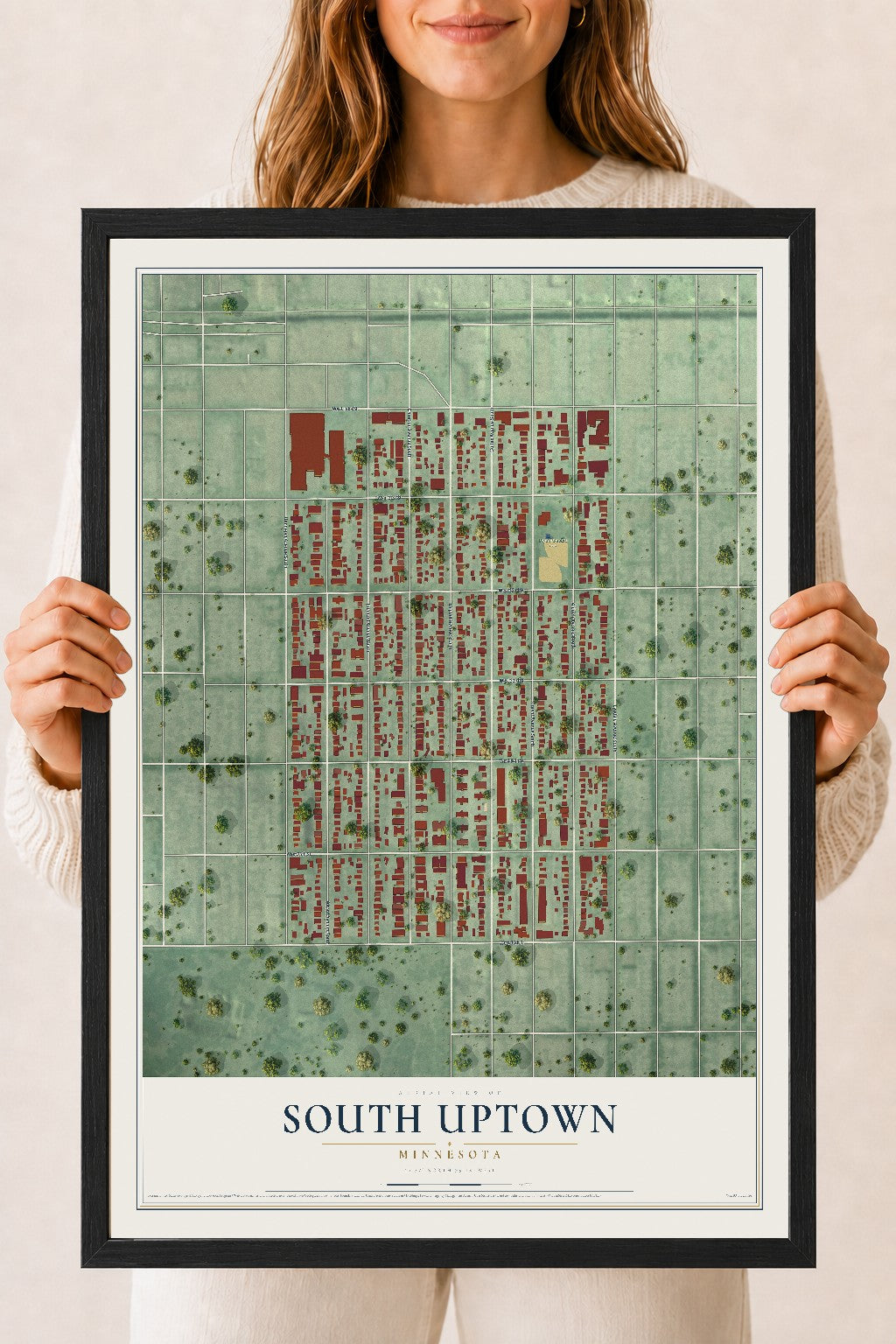 Map of South Uptown, Minnesota, 18 x 24 inch print in a black wood frame