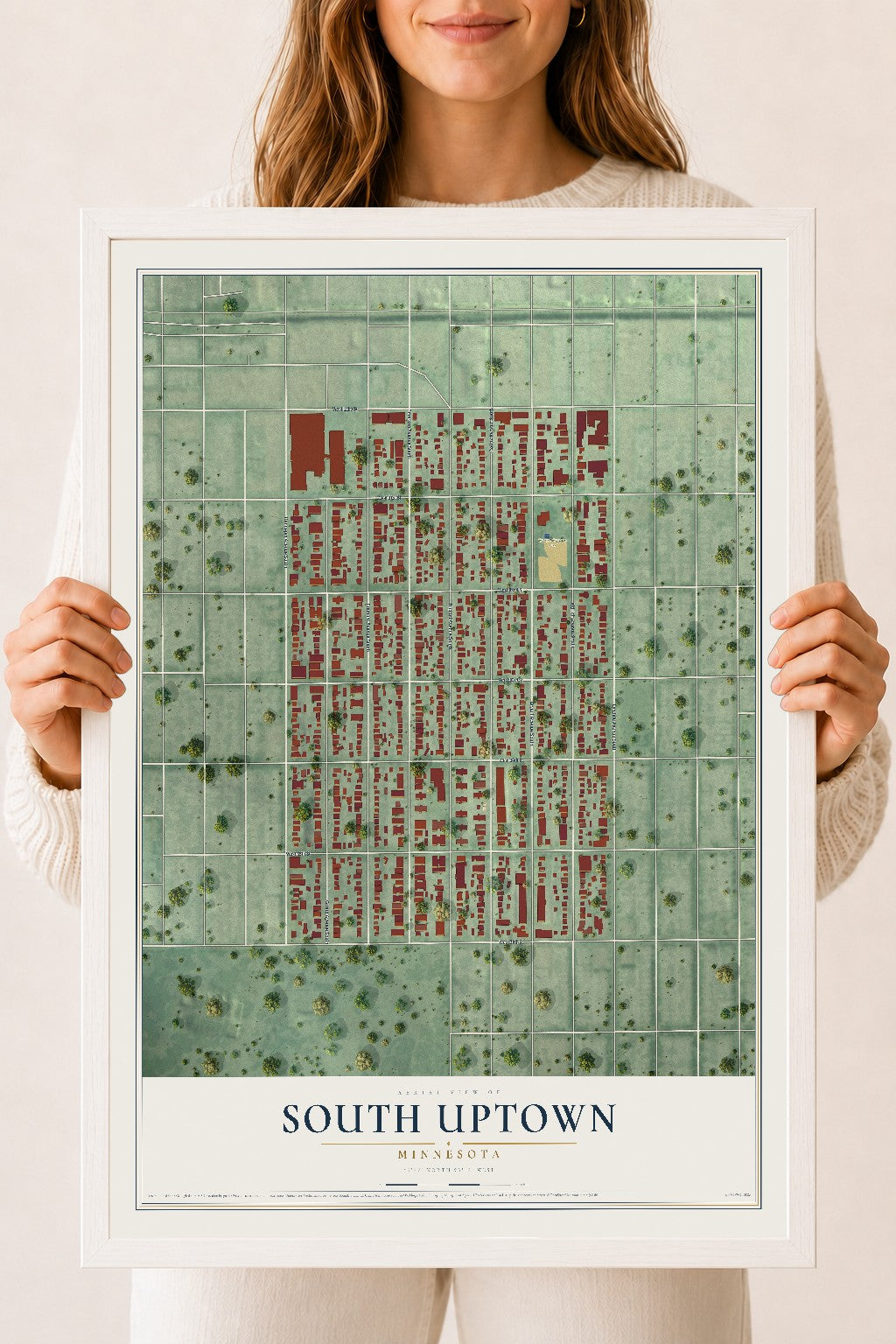 Map of South Uptown, Minnesota, 18 x 24 inch print in a white wood frame