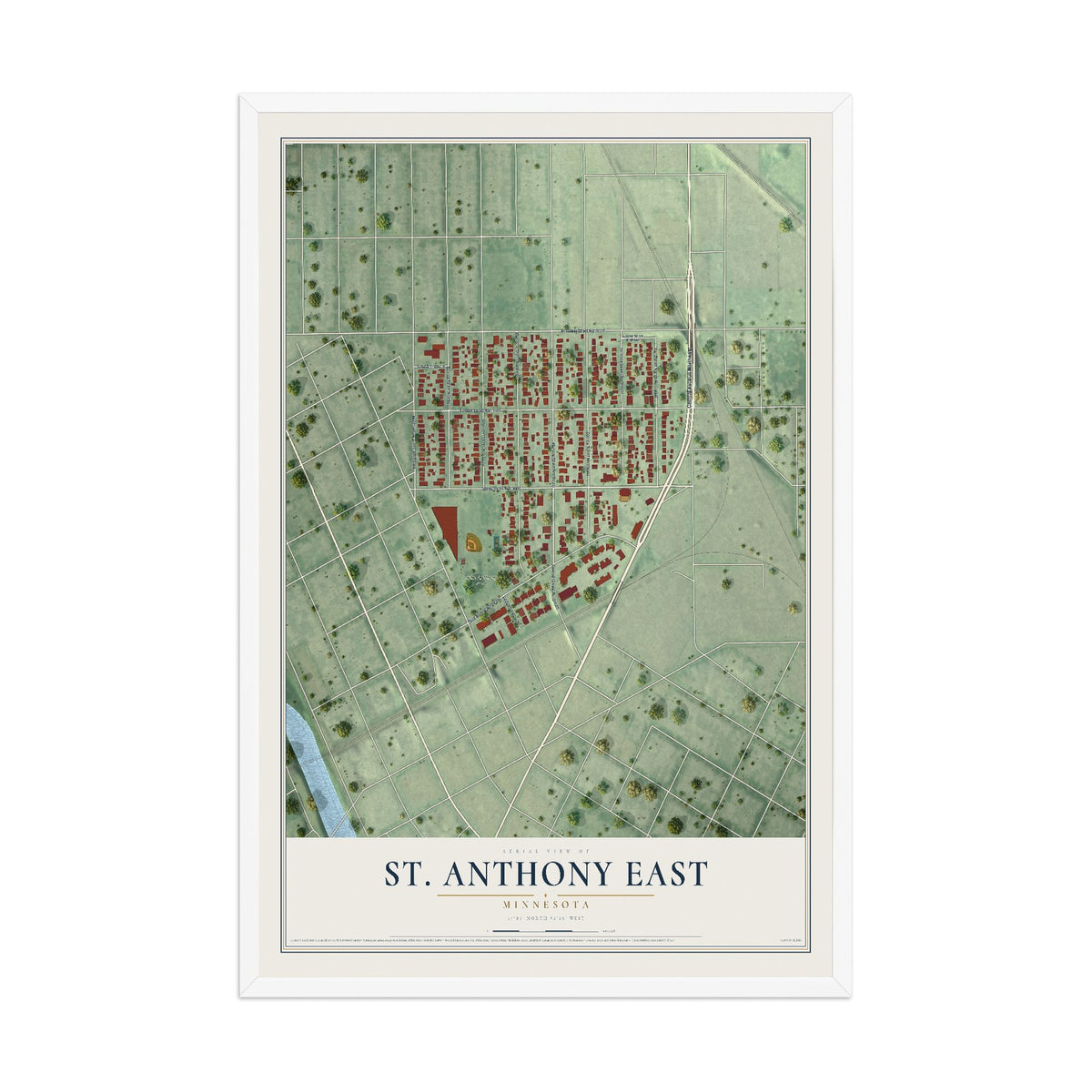 Map of St. Anthony East, Minnesota, 12 x 18 inch print in a white wood frame