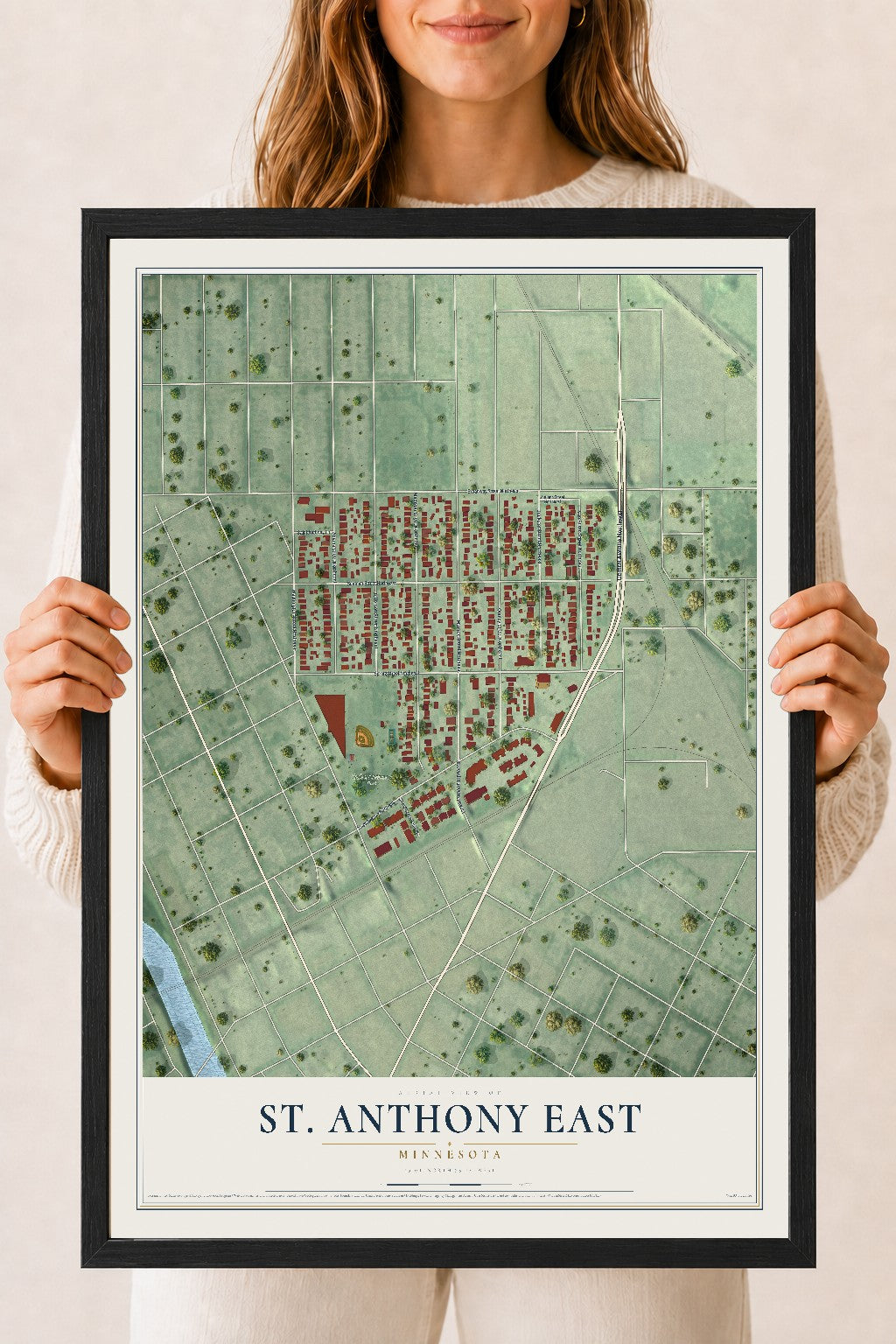 Map of St. Anthony East, Minnesota, 18 x 24 inch print in a black wood frame
