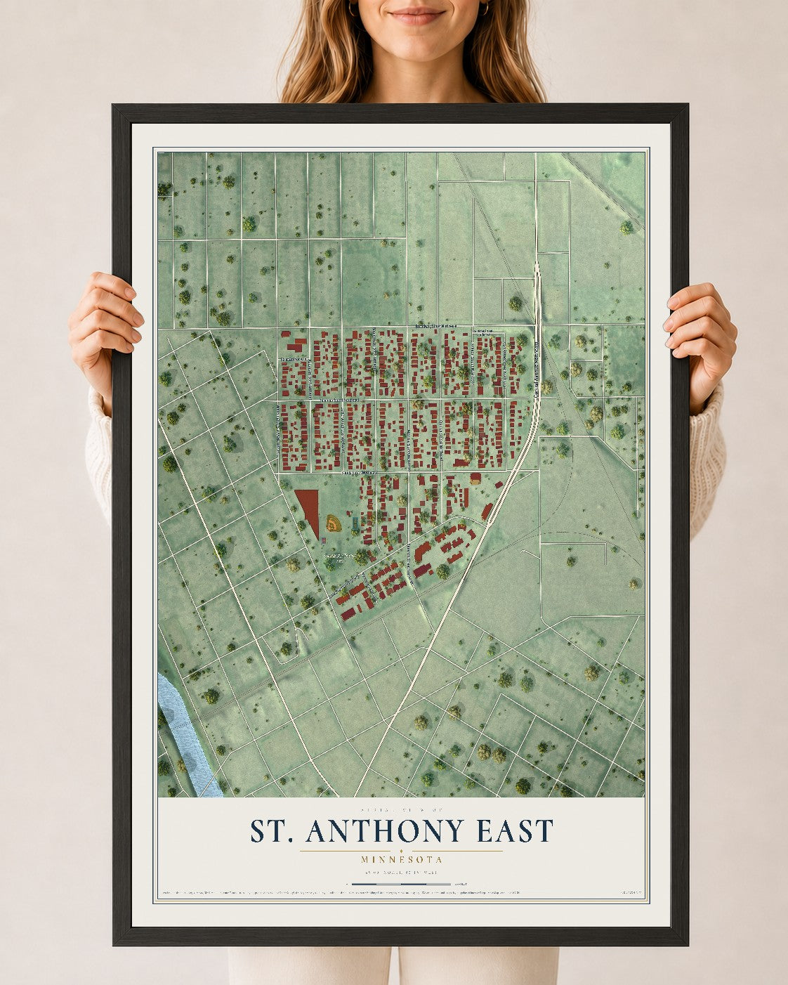Map of St. Anthony East, Minnesota, 24 x 36 inch print in a black wood frame