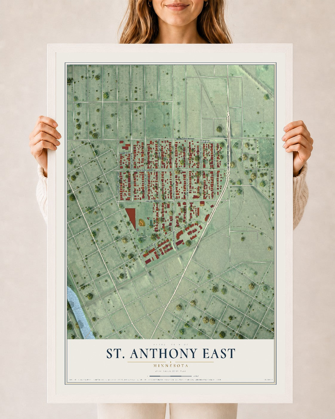Map of St. Anthony East, Minnesota, 24 x 36 inch print in a white wood frame