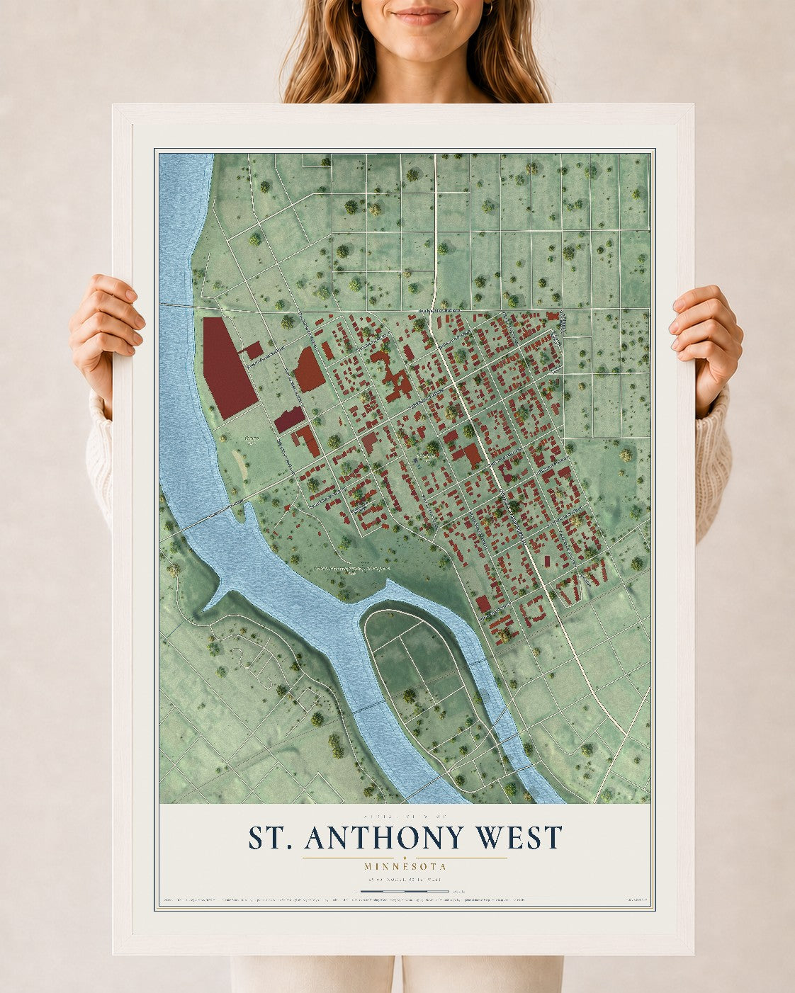 Map of St. Anthony West, Minnesota, 24 x 36 inch print in a white wood frame