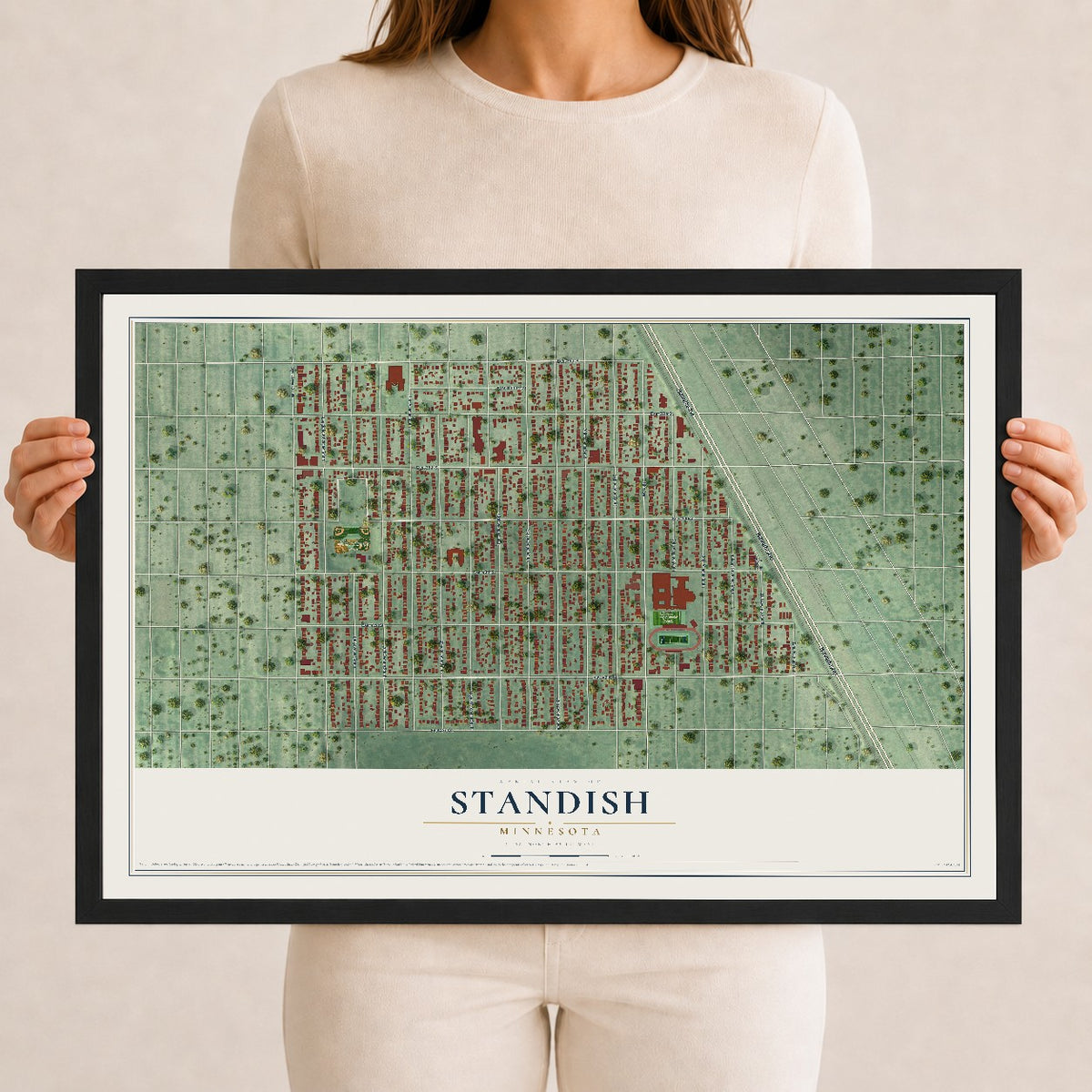 Map of Standish, Minnesota, 12 x 18 inch print in a black wood frame