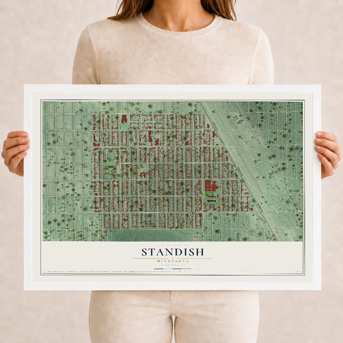 Map of Standish, Minnesota, 12 x 18 inch print in a white wood frame