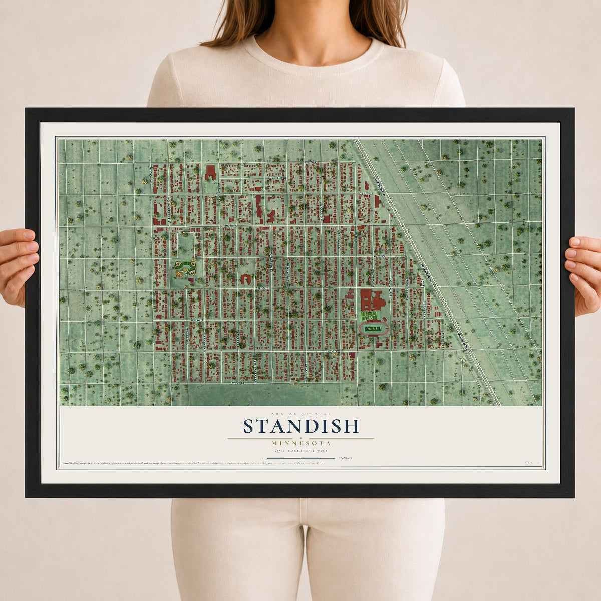 Map of Standish, Minnesota, 18 x 24 inch print in a black wood frame