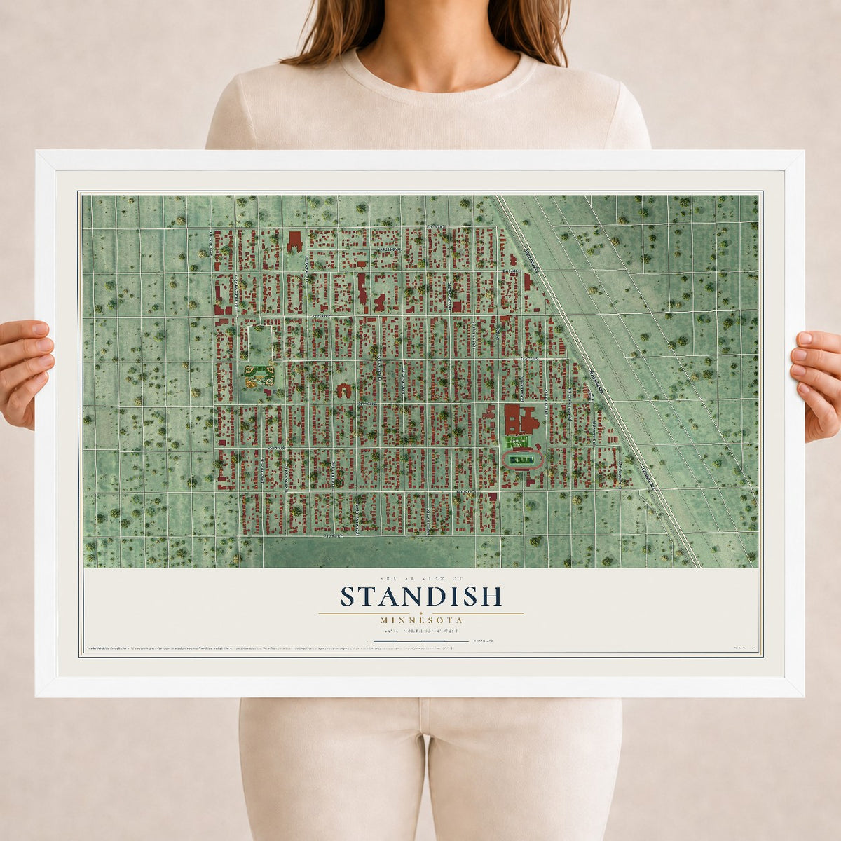 Map of Standish, Minnesota, 18 x 24 inch print in a white wood frame