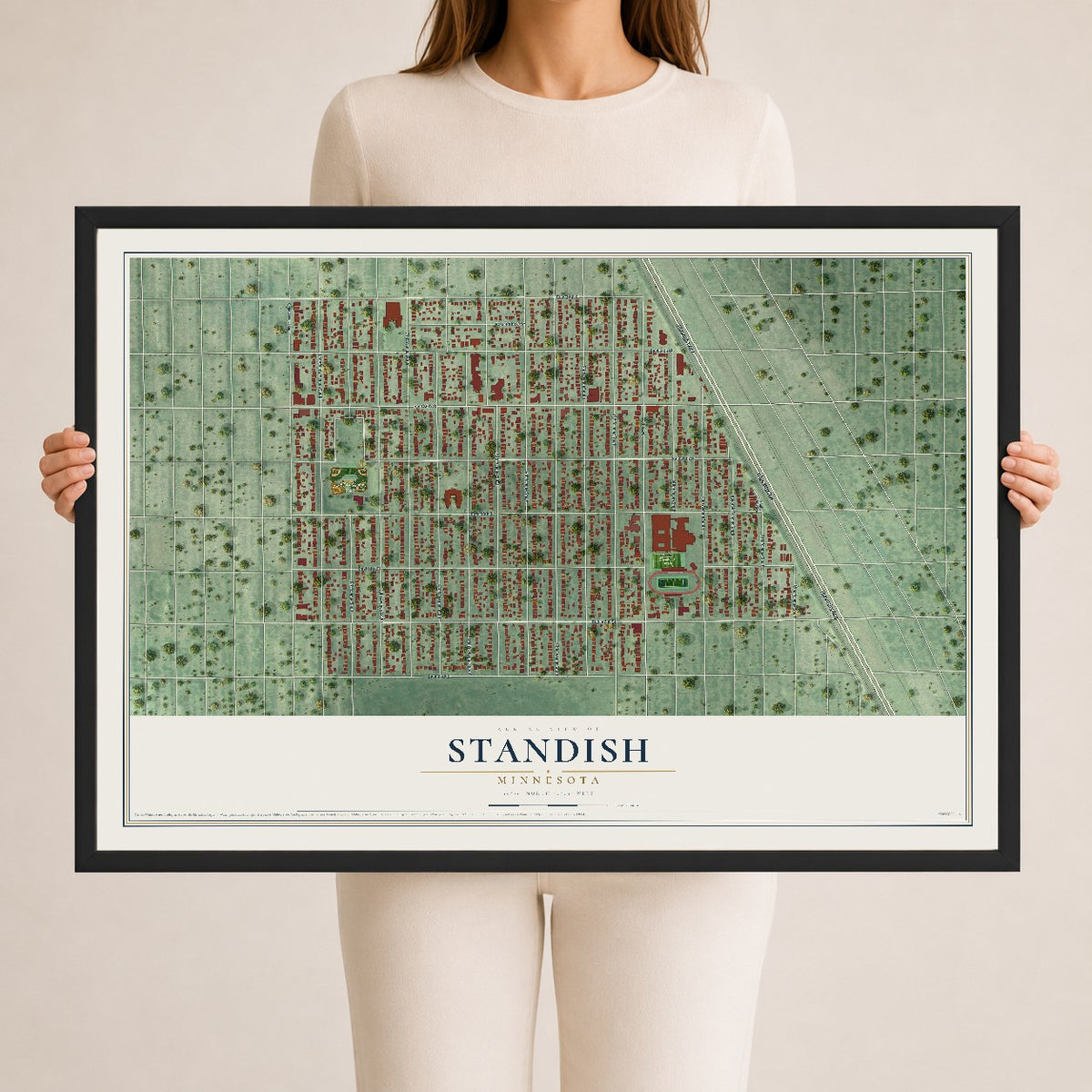 Map of Standish, Minnesota, 24 x 36 inch print in a black wood frame
