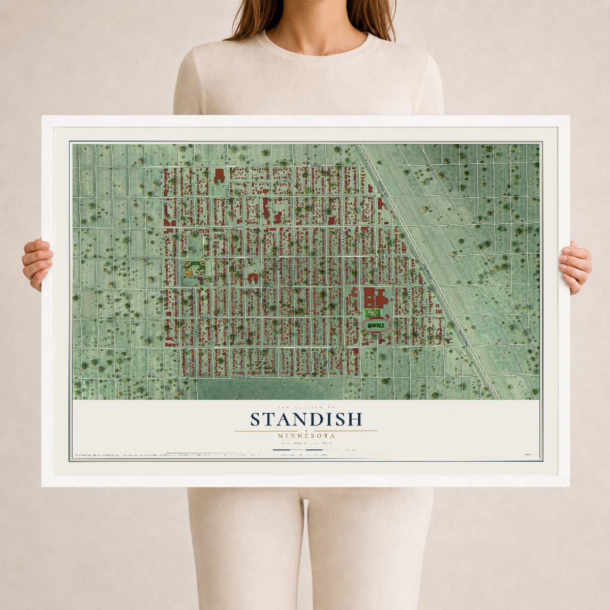 Map of Standish, Minnesota, 24 x 36 inch print in a white wood frame